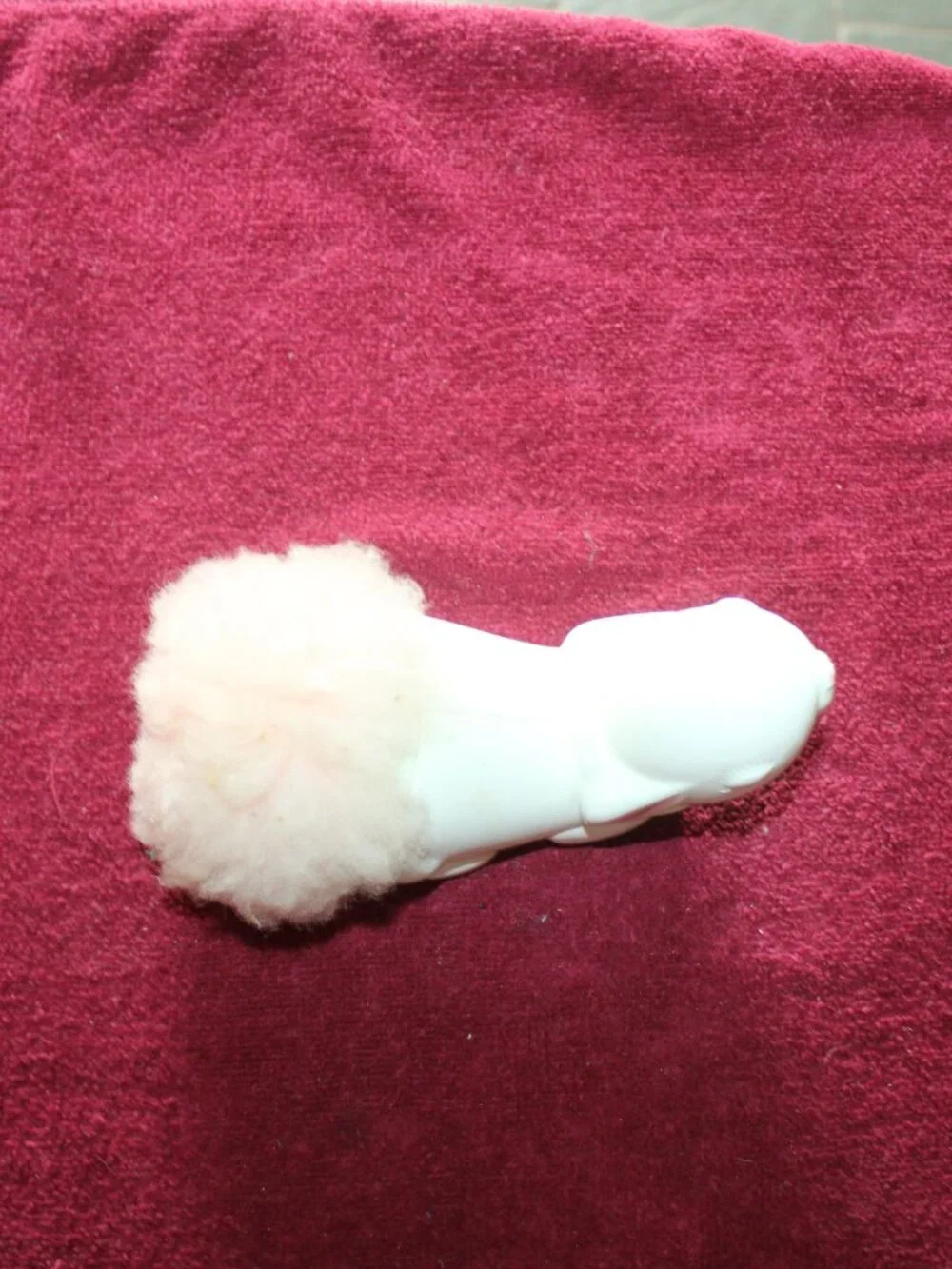 Vintage 1970s Avon Bunny Fluffpuff, white plastic rabbit body & pink fluffy tail